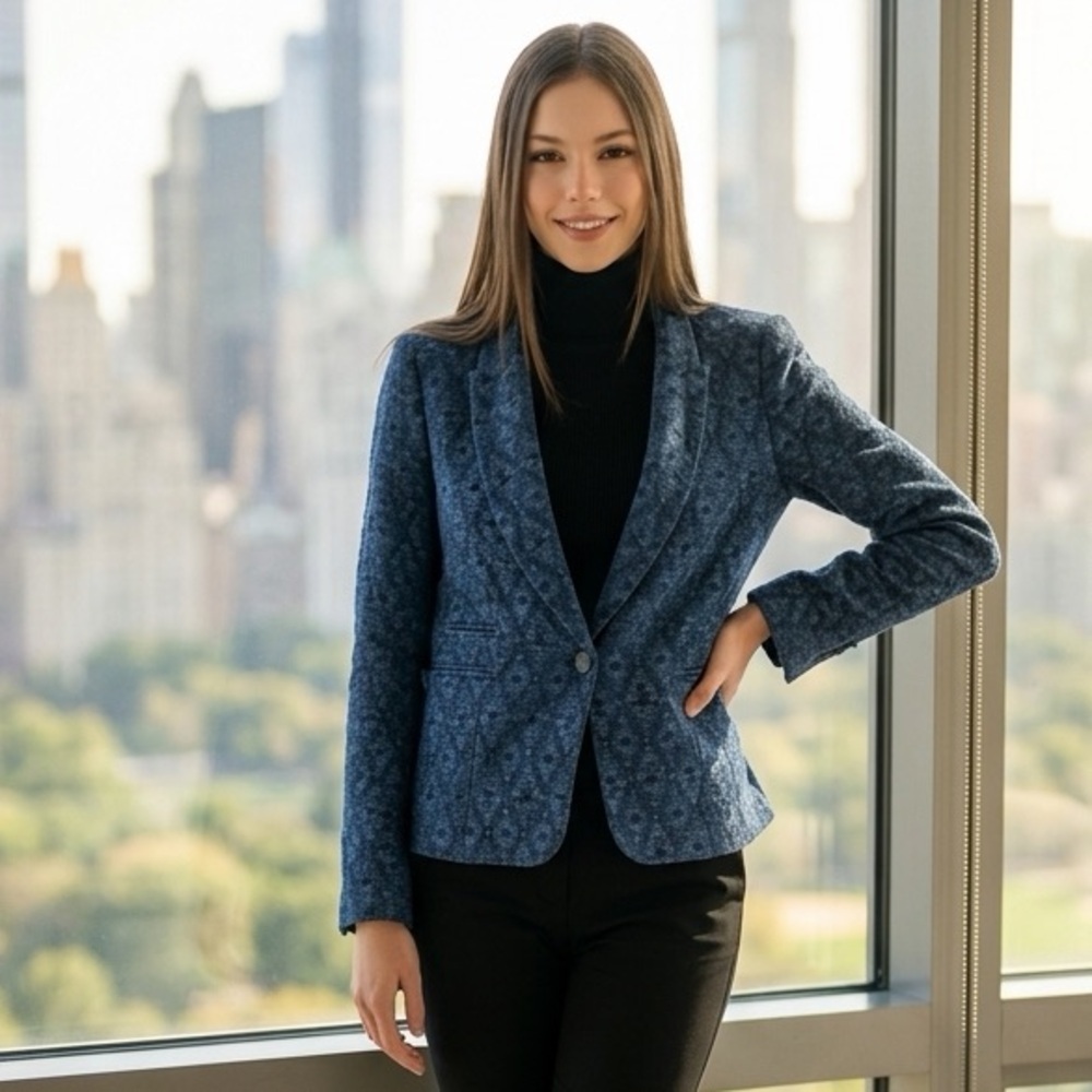 Zara Classic Basic Jacquard blue Preppy Blazer